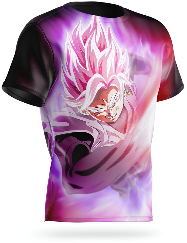 L'image représente un t-shirt noir avec un personnage de Dragon Ball Z, Son Goku, en train de se transformer en Super Saiyan Rosé.,T--9056576003,T--0956067743,T--8830641987,T--2451910836