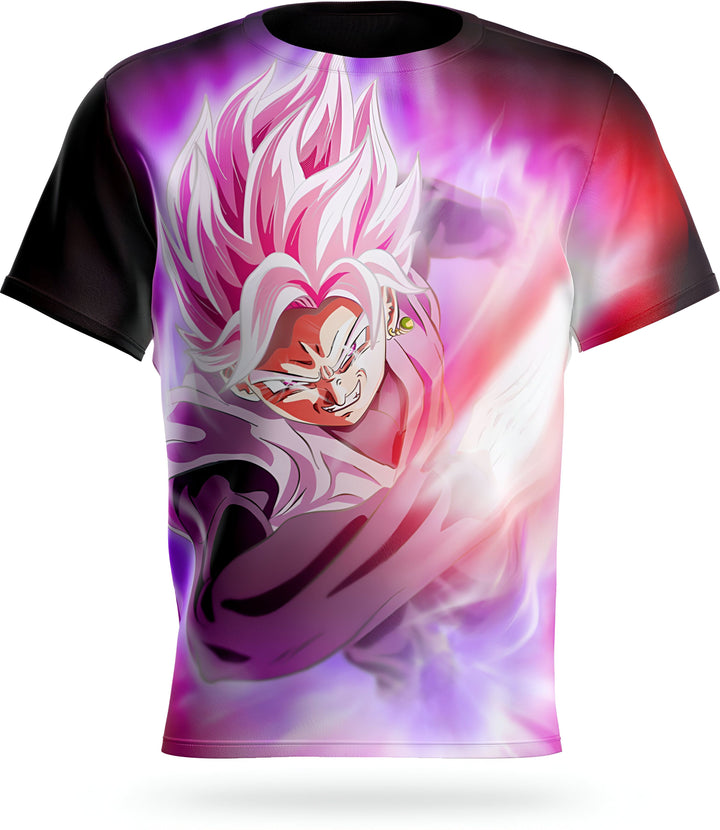 L'image représente un t-shirt noir avec une image de Son Goku, un personnage de la série animée Dragon Ball Z. Son Goku est représenté en train de se battre, avec ses cheveux roses et sa combinaison noire. Le fond de l'image est violet et rose.,T--9056576003,T--0956067743,T--8830641987,T--2451910836