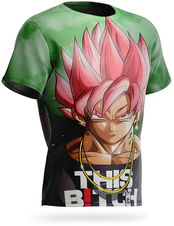 Une image d'un t-shirt vert avec un personnage de dessin animé dessus. Le personnage est un homme avec des cheveux roses et des yeux bleus. Il porte une chemise noire et un pantalon orange. Il y a du texte sur la chemise qui dit "This Bitch".,T--7437049007,T--5323459646,T--7609372870,T--7848134172,T--3555310798,T--8256843179