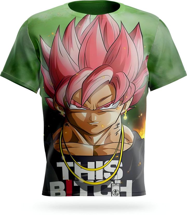 Une image d'un t-shirt vert avec un personnage de Dragon Ball Z, Son Goku, portant une chaîne en or avec un pendentif. Il a les cheveux roses et les yeux bleus. Le t-shirt a l'inscription "This Bitch" en anglais.,T--7437049007,T--5323459646,T--7609372870,T--7848134172,T--3555310798,T--8256843179