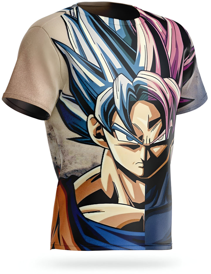 Une image d'un t-shirt avec Son Goku, un personnage de Dragon Ball Z. Il est vêtu de sa combinaison orange et bleue et a les cheveux bleus. Il est en train de se battre contre un autre personnage, qui n'est pas visible.,T--2304128742,T--4374296123,T--3747562809,T--7551981004,T--4915184455,T--3829723202,T--021688540X,T--4607797537,T--3321797496