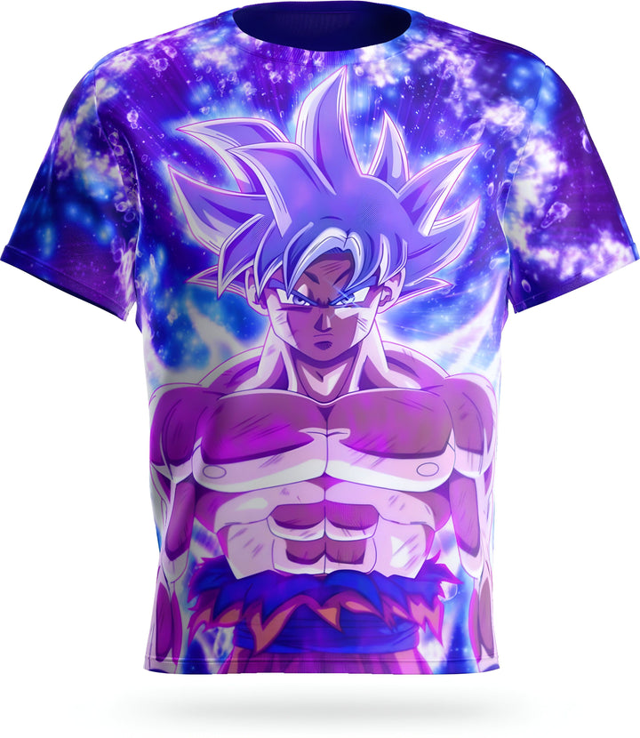 Une image d'un t-shirt avec un personnage de dessin animé. Le personnage est un homme avec des cheveux bleus et des yeux bleus. Il porte une chemise bleue et un pantalon orange. Il est entouré d'une aura bleue et violette.,T--9468231305,T--1822867290,T--1248719050,T--7881179473,T--2569492116,T--9437780145,T--6940549900
