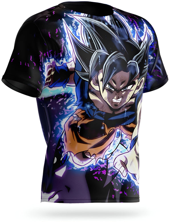 Le t-shirt représente Son Goku, un personnage de la série animée Dragon Ball Z. Il est vêtu de sa combinaison de combat orange et bleue et est en position de combat. En arrière-plan, on peut voir des éclairs bleus et violets.,T--7928940752,T--6863421097,T--690457173X,T--3931061302,T--3163104045,T--4701254053,T--8106731693,T--5436781845,T--2353415032,T--3254195280,T--345542077X