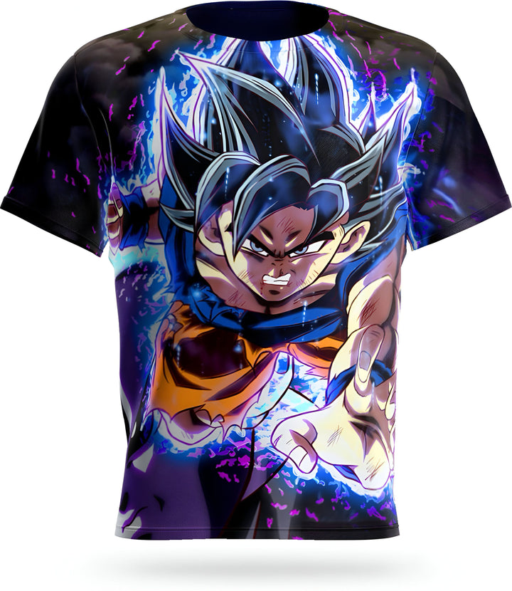 Le t-shirt représente Son Goku, un personnage de la série animée Dragon Ball Z. Il est vêtu de sa combinaison de combat orange et bleue et est en position de combat. L'arrière-plan est bleu et orange et représente une scène de combat.,T--7928940752,T--6863421097,T--690457173X,T--3931061302,T--3163104045,T--4701254053,T--8106731693,T--5436781845,T--2353415032,T--3254195280,T--345542077X