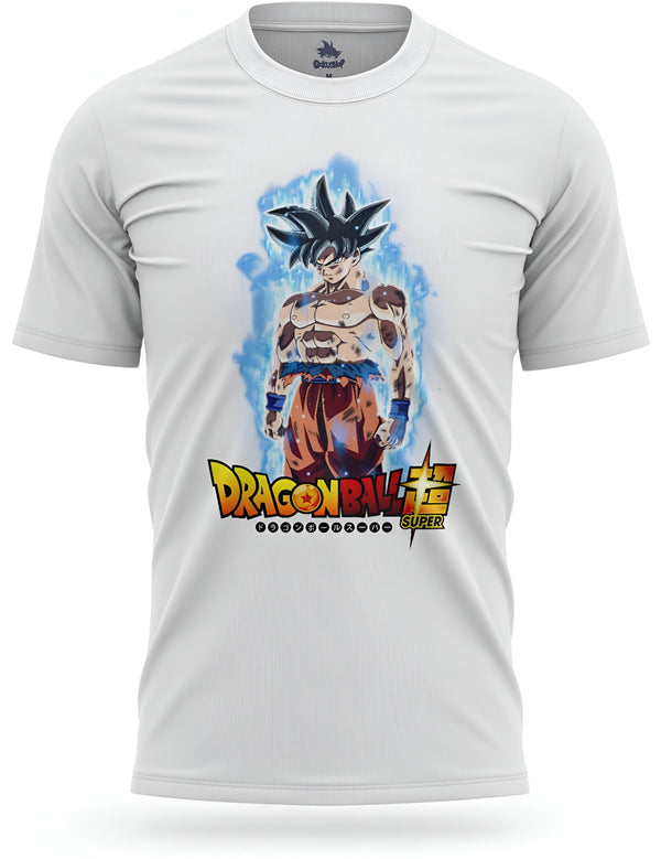 Le t-shirt blanc représente Son Goku, un personnage de la série animée Dragon Ball Super. Il est vêtu d'un pantalon orange et d'une chemise bleue déchirée, et il a les cheveux noirs hérissés. Il est entouré d'une aura bleue et jaune, et le logo de Dragon Ball Super est écrit en japonais en haut du t-shirt.,T--622731496X,T--2089011181,T--4467839879,T--3818868611,T--3904476726,T--3655726139,T--6658481938