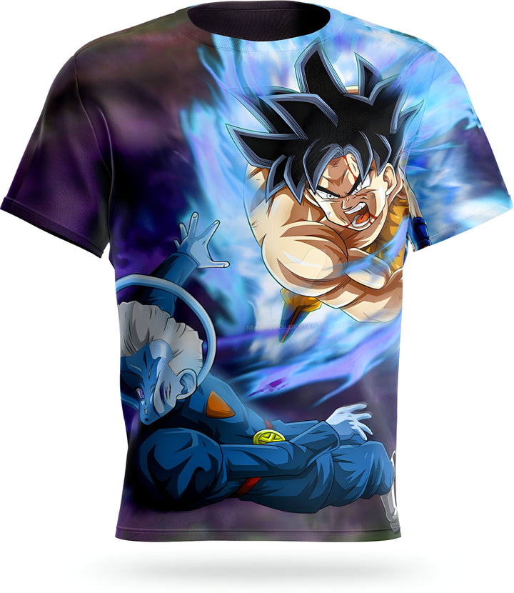 Une image de Son Goku, un personnage de la série animée Dragon Ball Super, en train de combattre un dieu de la destruction. Son Goku est un Saiyan, une race extraterrestre connue pour sa force et sa puissance. Il est le protagoniste de la série et il est déterminé à protéger la Terre et ses amis. Le dieu de la destruction est une divinité qui a le pouvoir de détruire des planètes entières. Il est un ennemi redoutable et Son Goku devra utiliser toute sa force pour le vaincre.