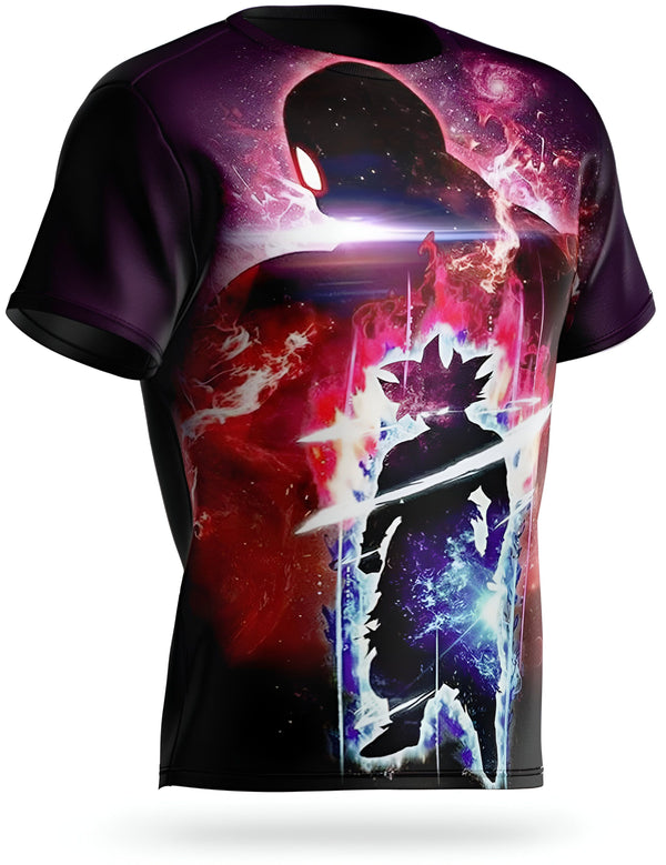 Une image d'un t-shirt noir avec un motif de Son Goku, un personnage de la série animée Dragon Ball Z. Son Goku est représenté en train de combattre un ennemi, et est entouré d'une aura bleue et rouge. Le t-shirt est disponible en plusieurs tailles et couleurs.,T--2858405239,T--0373266332,T--457877743X,T--2500847594,T--7044375170