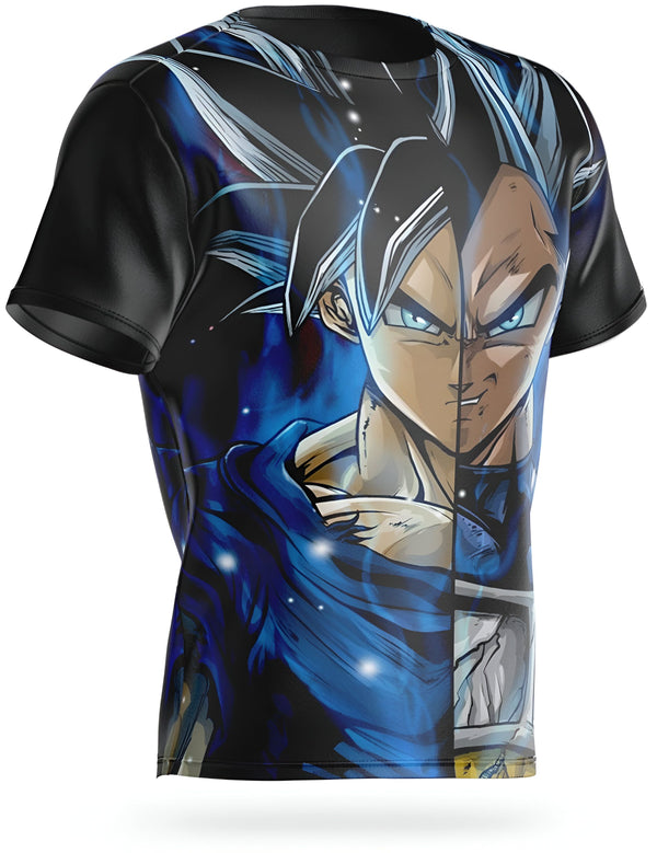 Le t-shirt représente Son Goku, un personnage de la série animée Dragon Ball Z. Il est vêtu de sa combinaison de combat bleue et orange et est en train de se battre contre un adversaire. Le fond est bleu et orange.,T--139573108X,T--3988964344,T--318714392X,T--7637112411,T--6758804011,T--3405738091,T--9589734359,T--9665453688