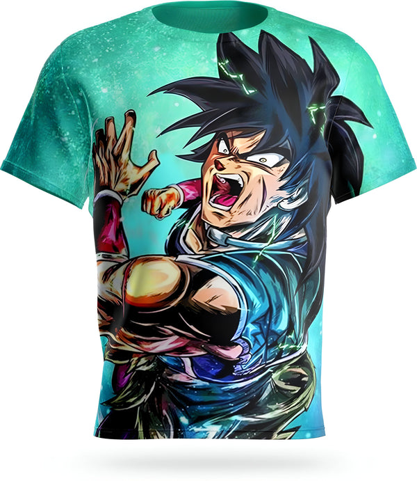 L'image représente un t-shirt vert avec un imprimé du personnage de Broly, un personnage de la série animée Dragon Ball Z. Broly est un Saiyan légendaire, et il est l'un des personnages les plus puissants de la série. Il est représenté ici avec ses cheveux noirs hérissés et ses muscles saillants. Il porte une expression de rage sur son visage, et il est prêt à se battre. Le t-shirt est disponible en plusieurs tailles, et il est parfait pour les fans de Dragon Ball Z qui veulent montrer leur am