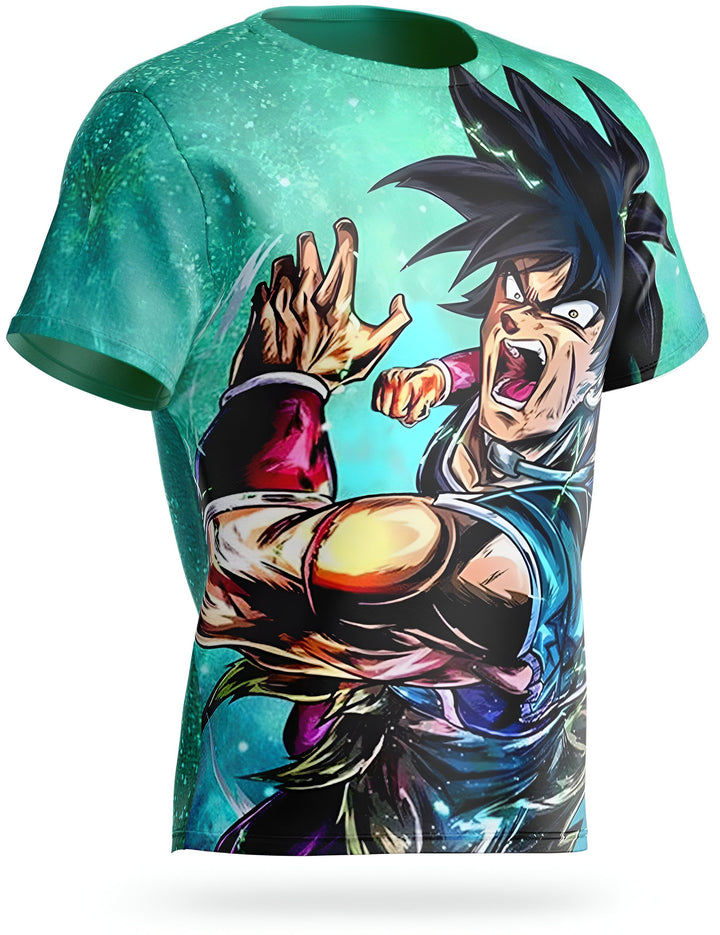Une image d'un t-shirt vert avec un personnage de dessin animé dessus. Le personnage est un homme avec des cheveux noirs et des yeux bleus. Il porte une chemise bleue et un pantalon orange. Il est en train de se battre contre un autre personnage. Le fond est vert et il y a des étoiles dessus.,T--9116021886,T--6404064316,T--440765354X,T--3661850431,T--3457426759,T--2918285579,T--7528672092