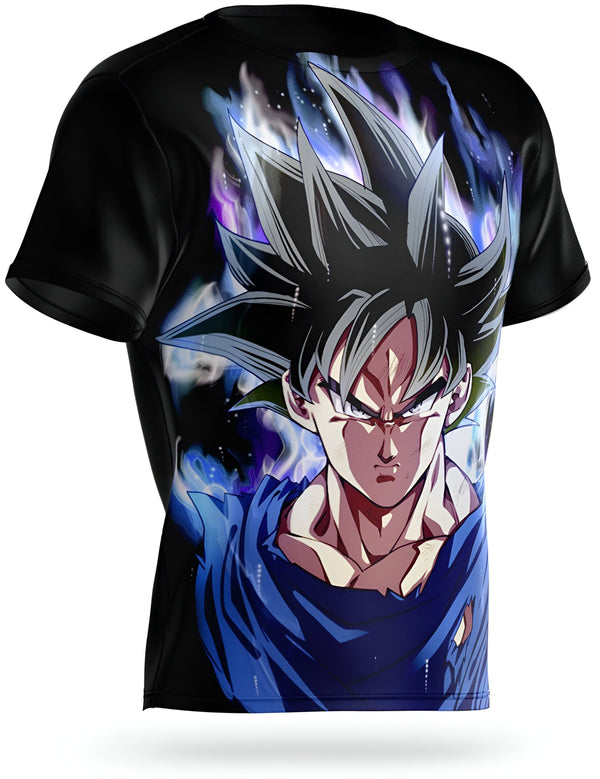 L'image représente un t-shirt noir avec un imprimé du personnage de Son Goku, un personnage de la série animée Dragon Ball Z. Son Goku est représenté avec ses cheveux noirs et bleus hérissés, et il porte une expression sérieuse sur le visage. Il est entouré d'une aura bleue.,T--3821789379,T--1428210776,T--8616956476,T--3303371660,T--7727552801,T--1356238165,T--1620148536,T--6387366992
