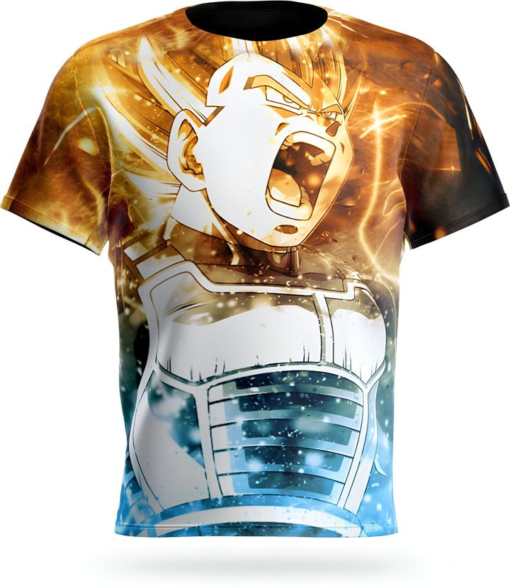 Une image d'un t-shirt Dragon Ball Z avec Vegeta, le prince des Saiyans. Il est vêtu d'une armure bleue et jaune et a les cheveux blonds. Il est en train de crier et est entouré d'une aura jaune.,T--9941773688,T--0876413394,T--8424317300,T--0160928494,T--4885296935,T--3499459442