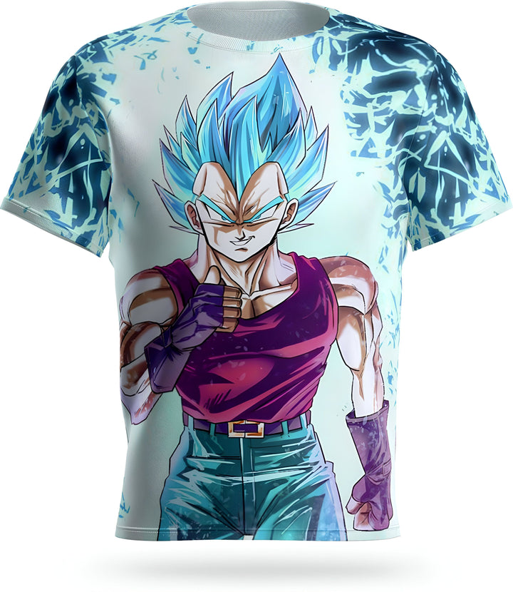 L'image représente un t-shirt blanc à l'effigie de Vegeta, un personnage de la série animée Dragon Ball Z. Vegeta est représenté en train de se battre, avec ses cheveux bleus hérissés et ses muscles saillants. Le t-shirt est disponible en plusieurs tailles et peut être acheté en ligne.,T--1330265564,T--7666320159,T--4490322658,T--9968785148,T--3726699252,T--8817850748,T--5337109162,T--6523119203