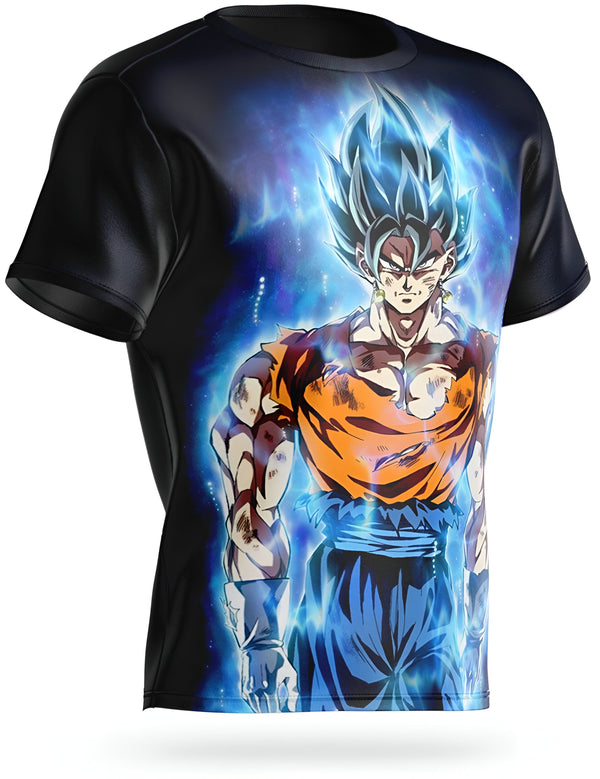 Le t-shirt représente le personnage de la série animée Dragon Ball Z, Vegetto, dans sa forme de Super Saiyan Blue. Il est vêtu d'une combinaison bleue et orange et a les cheveux bleus. Il est entouré d'un halo bleu et blanc.,T--8647298071,T--4757276478,T--0231186312,T--2037023383,T--8337703628,T--9654642832,T--9910142740,T--0371906539,T--5852403636