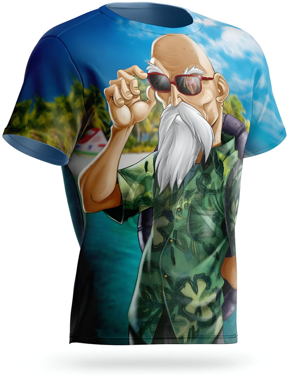L'image représente un t-shirt bleu avec une image de Tortue Géniale, un personnage de Dragon Ball Z. Tortue Géniale est un vieil homme avec une longue barbe blanche et des lunettes de soleil. Il porte une chemise hawaïenne verte et un short bleu. Il est debout sur une plage, avec la mer en fond.,T--1207014389,T--0304368628,T--2244257398,T--9645615356,T--9435941648,T--2632432316,T--0744297907,T--629187413X