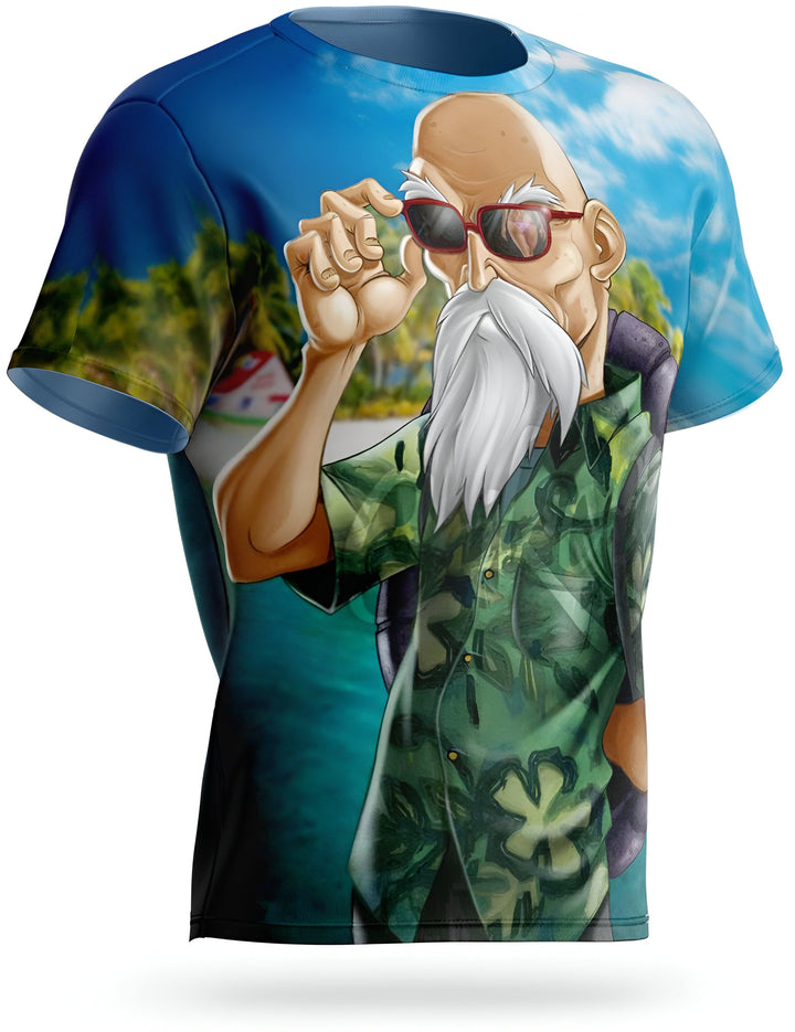 L'image représente un t-shirt bleu avec une image de Tortue Géniale, un personnage de Dragon Ball Z. Tortue Géniale est un vieil homme avec une longue barbe blanche et des lunettes de soleil. Il porte une chemise hawaïenne verte et un short bleu. Il est debout sur une plage, avec la mer en fond.,T--1207014389,T--0304368628,T--2244257398,T--9645615356,T--9435941648,T--2632432316,T--0744297907,T--629187413X