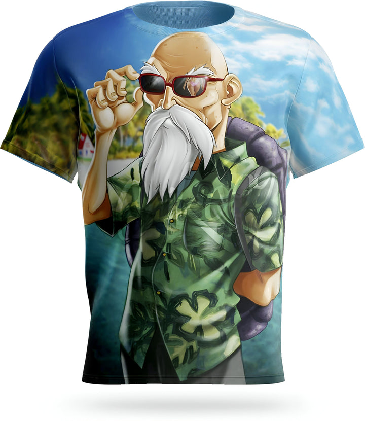 L'image représente un t-shirt avec le personnage de Maître Roshi de la série Dragon Ball Z. Il porte des lunettes de soleil et une chemise hawaïenne verte. Il est sur une plage, avec la mer en fond. Le ciel est bleu et il y a des nuages blancs.,T--1207014389,T--0304368628,T--2244257398,T--9645615356,T--9435941648,T--2632432316,T--0744297907,T--629187413X