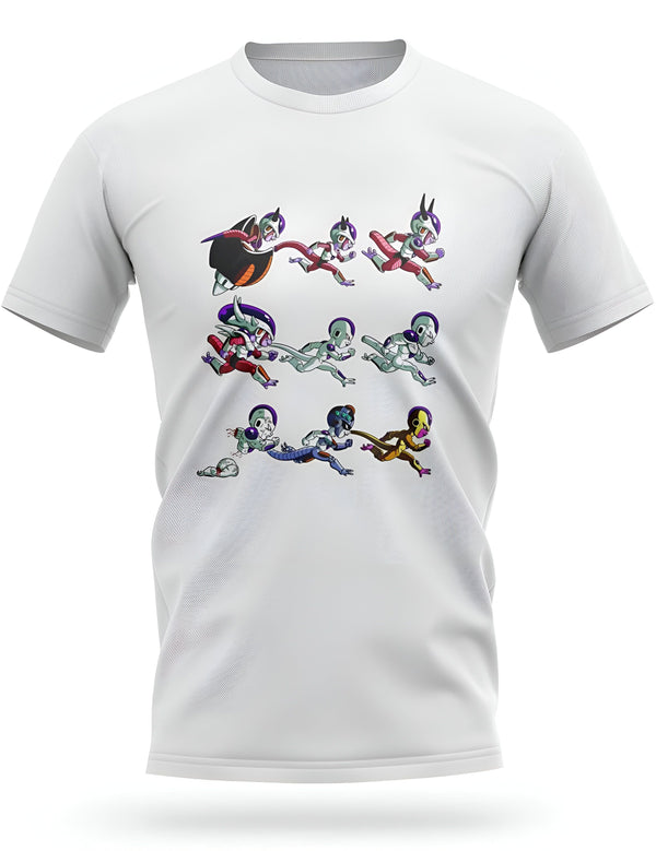 L'image représente un t-shirt blanc avec un motif de Freezer, un personnage de la série Dragon Ball Z. Freezer est représenté en train de se transformer, et on peut voir les différentes étapes de sa transformation. Le t-shirt est disponible en plusieurs tailles et couleurs.,T--822618956X,T--9576259800,T--4640163312,T--3348865026,T--8555531284,T--362037631X