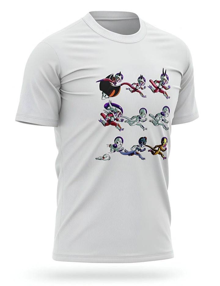 L'image représente un t-shirt blanc avec un motif de Freezer, un personnage de la série Dragon Ball Z. Freezer est représenté en train de courir et de tirer des rayons d'énergie. Le t-shirt est disponible en plusieurs tailles et couleurs.,T--822618956X,T--9576259800,T--4640163312,T--3348865026,T--8555531284,T--362037631X
