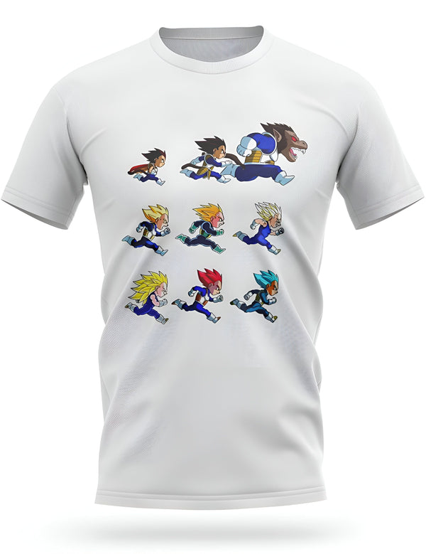 Le t-shirt blanc représente Vegeta, un personnage de la série Dragon Ball Z, en train de courir. Il est entouré de plusieurs autres personnages de la série, tous en train de courir.,T--669520327X,T--3951501731,T--4666448535,T--7933650112,T--929363662X,T--216234887X