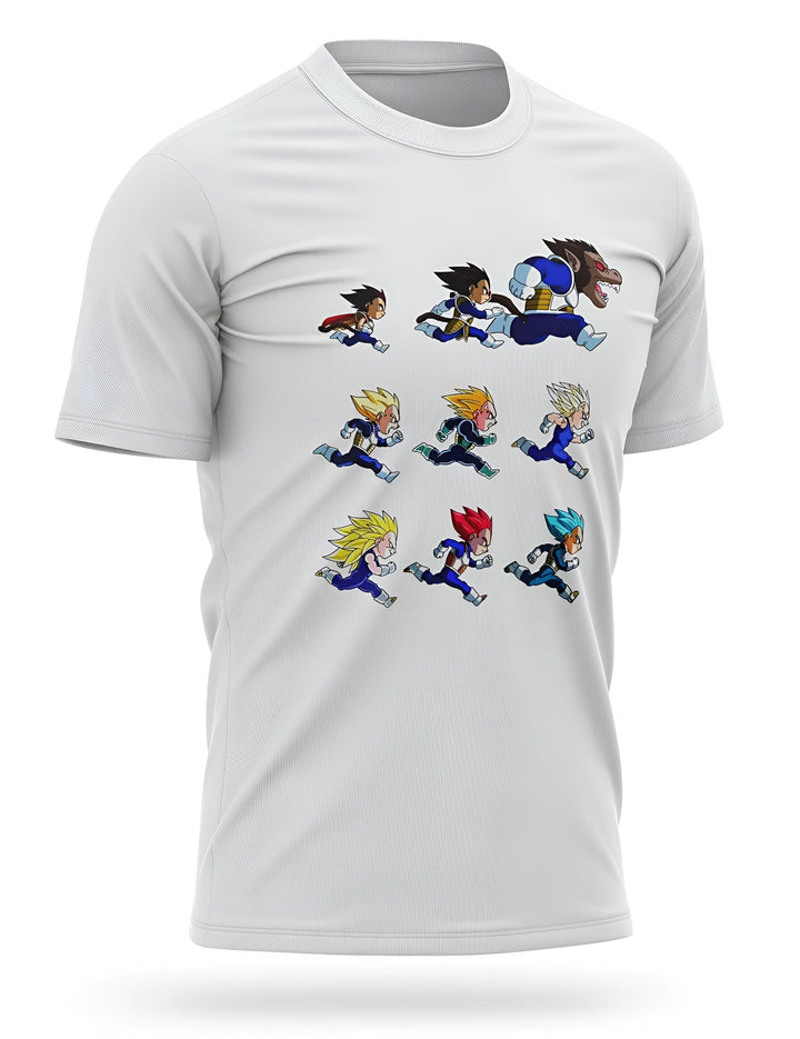 L'image représente un t-shirt blanc avec un motif de Vegeta, un personnage de la série animée Dragon Ball Z. Le motif montre Vegeta en train de courir et de se transformer en Super Saiyan.,T--669520327X,T--3951501731,T--4666448535,T--7933650112,T--929363662X,T--216234887X