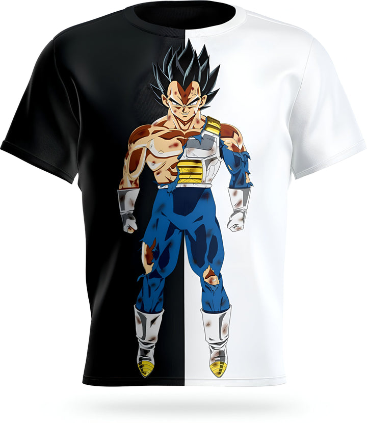 Le t-shirt représente Vegeta, un personnage de la série animée Dragon Ball Z. Il est vêtu d'une combinaison bleue et jaune déchirée et a les cheveux noirs hérissés. Il est en position de combat, le poing droit en avant et le gauche replié près du corps. En arrière plan, à droite, se trouve le logo de Dragon Ball Z.,T--3719039099,T--0067221777,T--0842143718,T--1587783134,T--5890868349,T--7494032231,T--4013831090,T--3279451000