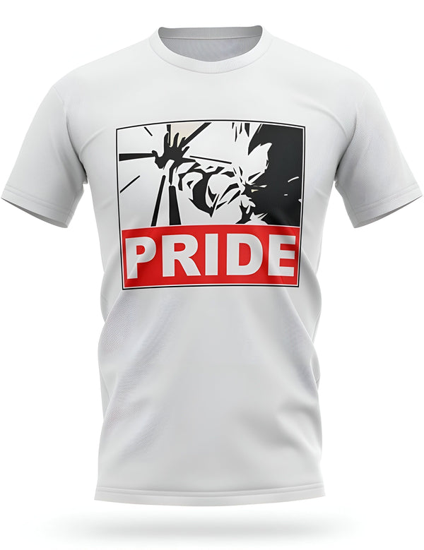 Le t-shirt blanc affiche le texte "PRIDE" en rouge dans un rectangle noir. Au-dessus se trouve une illustration en noir et blanc de Vegeta, un personnage de la série animée japonaise Dragon Ball Z.,T--1092894640,T--6961779964,T--9792106669,T--0928880052,T--9461496915,T--4541542307