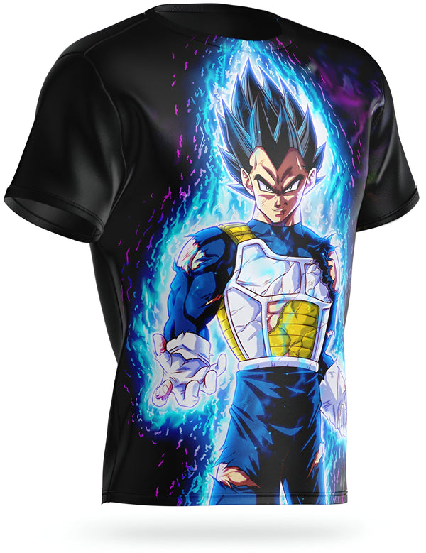 L'image représente un t-shirt noir avec un personnage de dessin animé japonais, Vegeta, dessus. Vegeta est un personnage de la série Dragon Ball Z. Il est vêtu d'une combinaison bleue et jaune et a les cheveux bleus. Il est entouré d'une aura bleue et violette.,T--6976955380,T--9396982040,T--4230887027,T--4538410098,T--5080854979,T--9953476098,T--0608534560