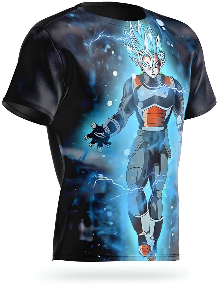 L'image représente un t-shirt noir avec un imprimé du personnage de dessins animés Vegeta, de la série Dragon Ball Z. Il est vêtu d'une combinaison bleue et orange et est entouré d'éclairs bleus.,T--7597408137,T--8800141277,T--9968932434,T--3034485115,T--1164948563,T--2573183300,T--0022798404,T--9268322188
