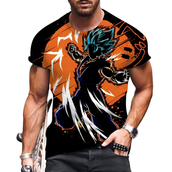 L'image représente un homme vêtu d'un t-shirt noir et bleu. Le t-shirt représente le personnage de Son Goku, un personnage de la série animée Dragon Ball Z. Son Goku est en train de se battre contre un adversaire. L'arrière-plan est orange et noir.,T--0029464188,T--4945109117,T--4512282386,T--2971454517,T--1260568695