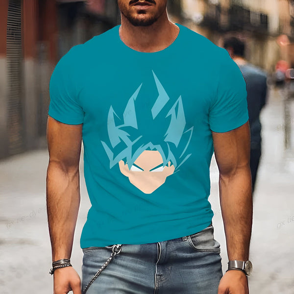 Un homme porte un t-shirt bleu avec un imprimé du visage de Son Goku, un personnage de la série animée Dragon Ball Z.,T--1670103013,T--3390399364,T--5897977801,T--1168841437,T--8936677721