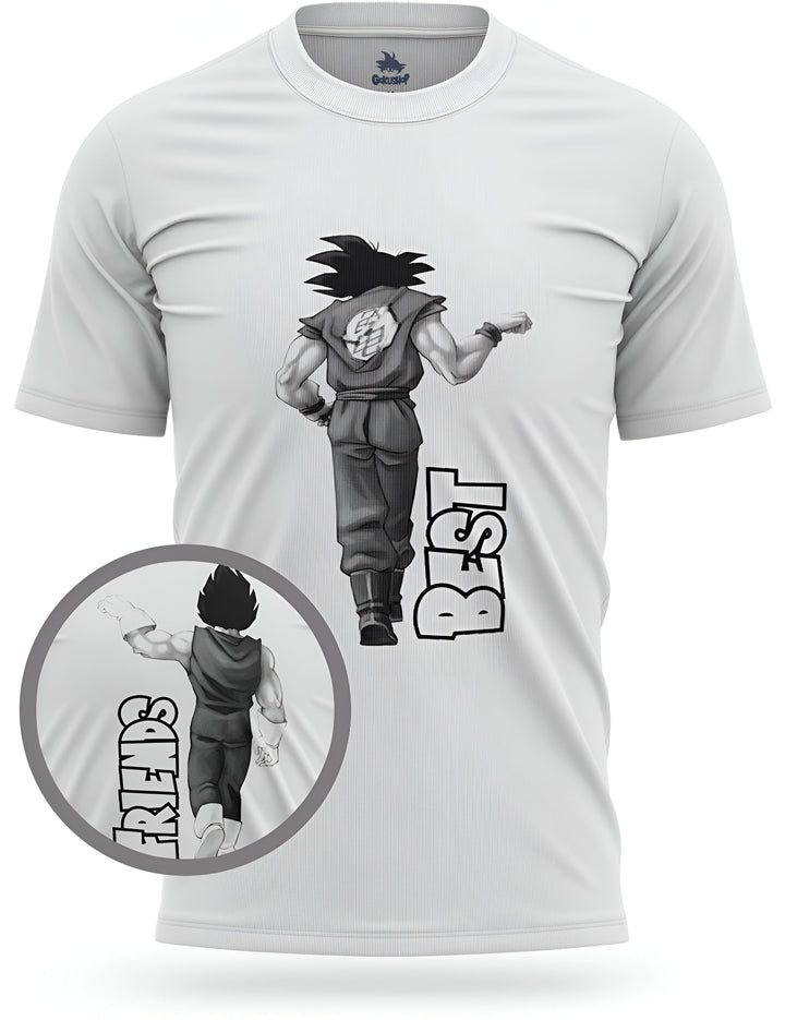 L'image représente un t-shirt blanc avec une illustration de Son Goku, un personnage de la série animée Dragon Ball Z. Son Goku est représenté de dos, en train de marcher. Il porte une combinaison orange et bleue, et une ceinture bleue. Il a les cheveux noirs et les yeux bleus. Le t-shirt est disponible en plusieurs tailles et couleurs.,T--2239572418,T--3052354892,T--0448201550,T--3332527886,T--4672079910,T--0692334785