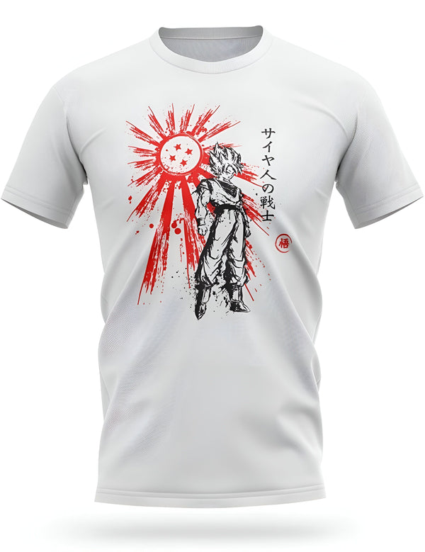 Une image d'un t-shirt blanc avec un motif de Son Goku, un personnage de la série animée Dragon Ball Z. Il est représenté de face, avec les cheveux hérissés et les muscles saillants. Il porte une combinaison orange et bleue, et il est entouré d'un cercle rouge avec des étoiles à quatre branches. Le texte "Saiyan Warrior" est écrit en japonais sur la manche droite.,T--9618159582,T--0173512925,T--7175054955,T--0480526028,T--2983195317,T--4075994996