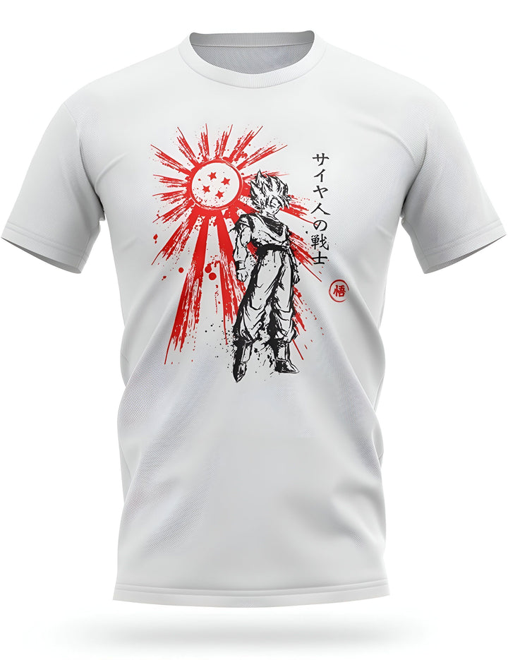Une image d'un t-shirt blanc avec un motif de Son Goku, un personnage de la série animée Dragon Ball Z. Il est représenté de face, avec les cheveux hérissés et les muscles saillants. Il porte une combinaison orange et bleue, et il est entouré d'un cercle rouge avec des étoiles à quatre branches. Le texte "Saiyan Warrior" est écrit en japonais sur la manche droite.,T--9618159582,T--0173512925,T--7175054955,T--0480526028,T--2983195317,T--4075994996