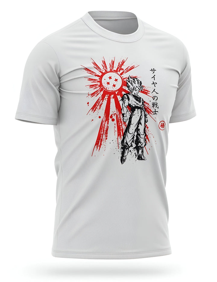 Le t-shirt blanc représente Son Goku, un personnage de la série animée Dragon Ball Z. Il est vêtu de sa combinaison orange et bleue et est en position de combat. En arrière-plan, on peut voir le symbole de la planète Vegeta, ainsi que des éclairs. Le t-shirt est disponible en plusieurs tailles.,T--9618159582,T--0173512925,T--7175054955,T--0480526028,T--2983195317,T--4075994996