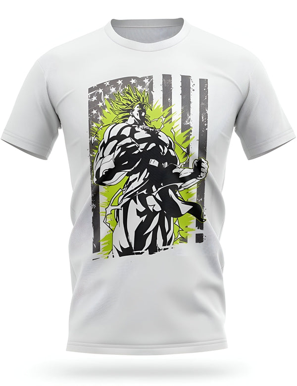 Une image d'un t-shirt blanc avec un imprimé de Broly, un personnage de Dragon Ball Z. Broly est représenté avec les cheveux verts et les muscles saillants, et il est entouré d'un drapeau américain.,T--4000688006,T--0710038712,T--124835625X,T--500976749X,T--8449469694,T--3898293513