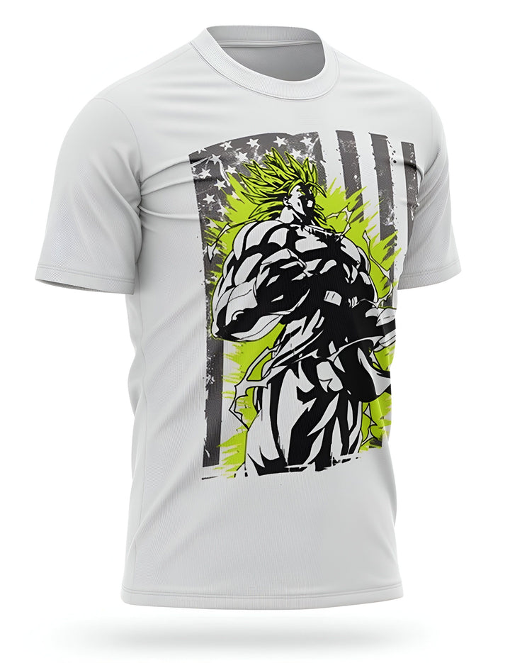 L'image représente un t-shirt blanc avec un imprimé du personnage de Broly, un personnage de la série animée Dragon Ball Z. Broly est représenté en train de se mettre en colère, avec ses cheveux verts hérissés et ses muscles saillants. Le t-shirt est également décoré de motifs de l'armée américaine.,T--4000688006,T--0710038712,T--124835625X,T--500976749X,T--8449469694,T--3898293513