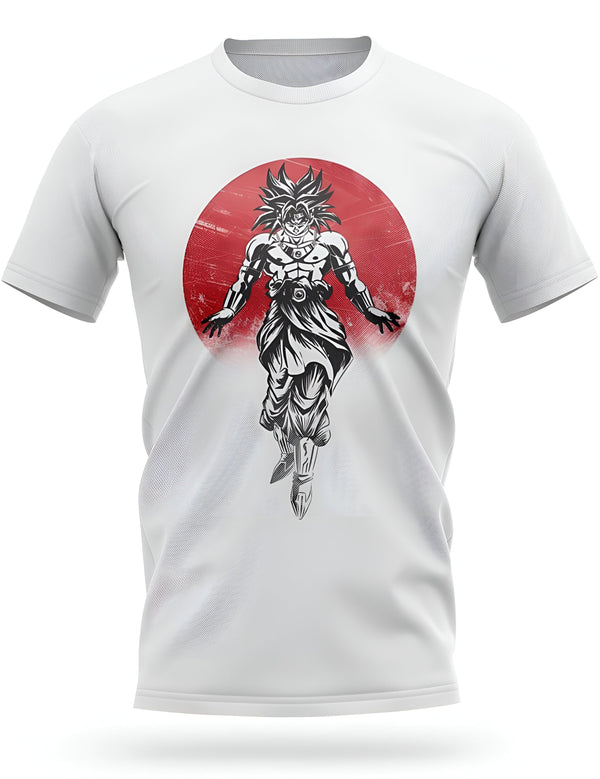 Le T-shirt blanc représente Broly, un personnage de la série animée Dragon Ball Z. Broly est un Saiyan légendaire, et il est l'un des personnages les plus puissants de la série. Il a une chevelure verte et des yeux bleus, et il est vêtu d'une armure de combat.,T--2172398691,T--9054866632,T--7051609459,T--9134969012,T--7670589329,T--3538944547