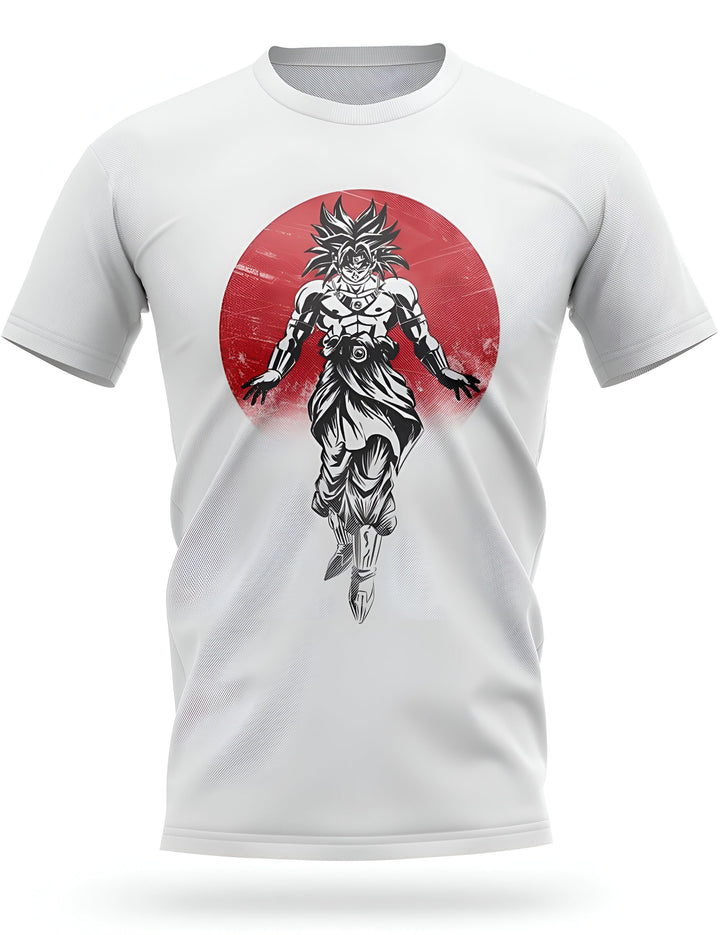Le T-shirt blanc représente Broly, un personnage de la série animée Dragon Ball Z. Broly est un Saiyan légendaire, et il est l'un des personnages les plus puissants de la série. Il a une chevelure verte et des yeux bleus, et il est vêtu d'une armure de combat.,T--2172398691,T--9054866632,T--7051609459,T--9134969012,T--7670589329,T--3538944547
