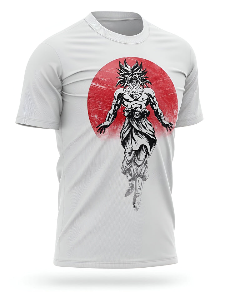 Le t-shirt blanc représente Broly, un personnage de Dragon Ball Z, en train de voler. Il est entouré d'un cercle rouge.,T--2172398691,T--9054866632,T--7051609459,T--9134969012,T--7670589329,T--3538944547