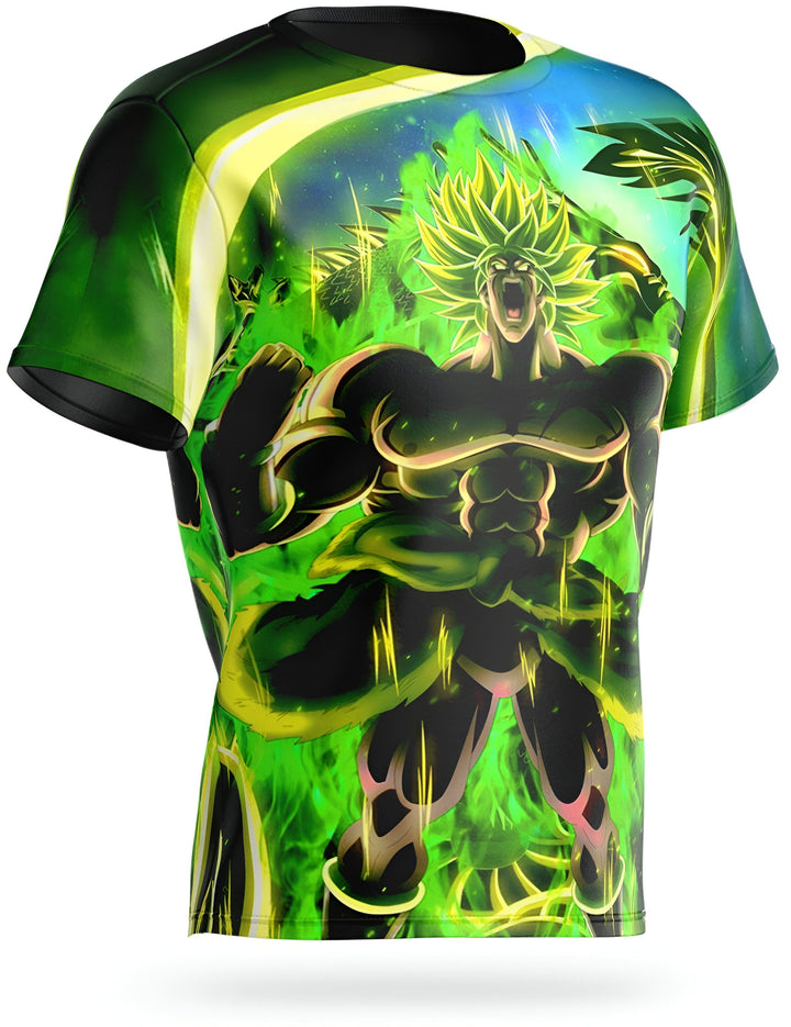 L'image représente un t-shirt vert avec un personnage de dessin animé japonais, Broly, qui est un Saiyan. Il est représenté avec les cheveux verts et les muscles saillants. Il est en position de combat avec un poing en avant et l'autre poing sur la hanche. Le t-shirt est disponible en plusieurs tailles et couleurs.,T--6542915370,T--6902531048,T--9759041316,T--6931024108,T--246443678X,T--0896092089,T--2383419605,T--7225096516