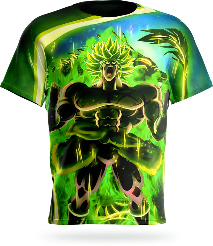 L'image représente un t-shirt vert avec un personnage de dessin animé japonais, Broly, qui est un Saiyan. Il est représenté avec les cheveux verts et les yeux bleus, et il est en train de crier. Le t-shirt est disponible en plusieurs tailles et couleurs.,T--6542915370,T--6902531048,T--9759041316,T--6931024108,T--246443678X,T--0896092089,T--2383419605,T--7225096516