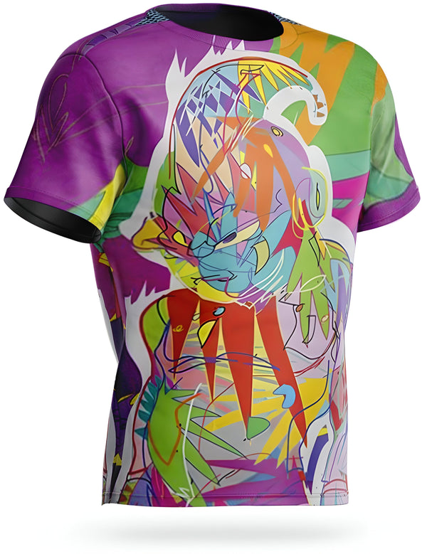 Un t-shirt violet avec une image d'un personnage de dessin animé aux cheveux verts et aux yeux bleus. Le personnage porte une combinaison orange et jaune.,T--7834851276,T--2763981143,T--8164007609,T--3951787015