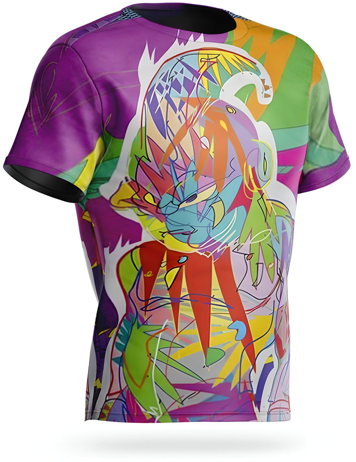 Un t-shirt violet avec une image d'un personnage de dessin animé aux cheveux verts et aux yeux bleus. Le personnage porte une combinaison orange et jaune.,T--7834851276,T--2763981143,T--8164007609,T--3951787015