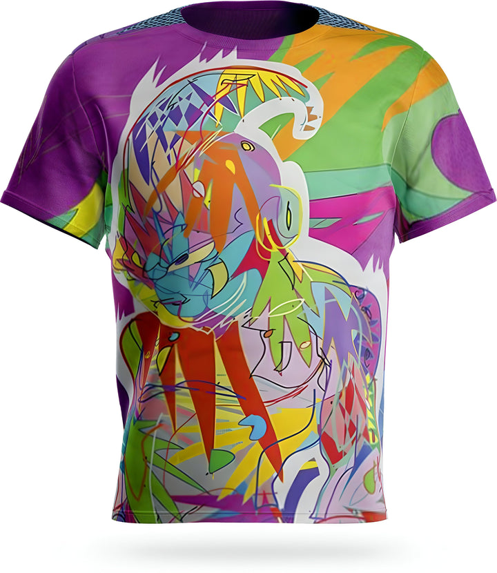 Le t-shirt présente une image d'un personnage de dessin animé avec des cheveux bleus et des yeux bleus. Il porte une combinaison orange et jaune. Le fond est violet avec des éclairs jaunes.,T--7834851276,T--2763981143,T--8164007609,T--3951787015