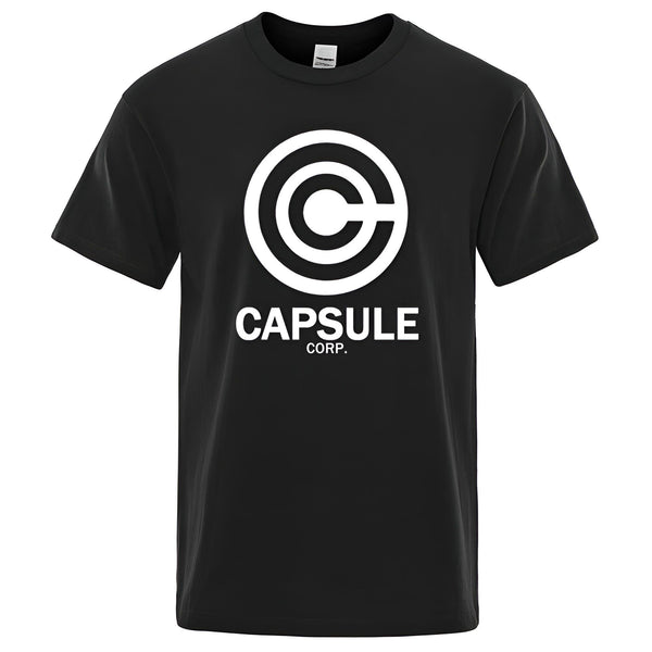 Un t-shirt noir avec le logo Capsule Corp. en blanc.,T--8115046221,T--1018107231,T--5648029314,T--4739942232,T--7538228985