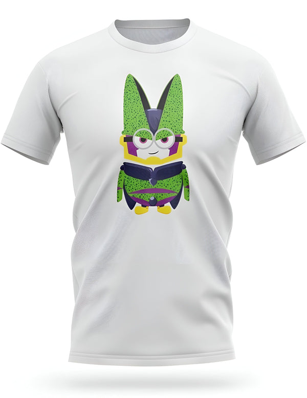L'image représente un t-shirt blanc avec un personnage de dessin animé imprimé dessus. Le personnage est Cell, un androïde de la série Dragon Ball Z. Il est représenté avec une paire de lunettes et un sourire narquois.,T--9319384541,T--7582999185,T--0283055677,T--7455986491,T--7042733541,T--0619891351