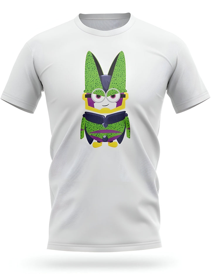L'image représente un t-shirt blanc avec un personnage de dessin animé imprimé dessus. Le personnage est Cell, un androïde de la série Dragon Ball Z. Il est représenté avec une paire de lunettes et un sourire narquois.,T--9319384541,T--7582999185,T--0283055677,T--7455986491,T--7042733541,T--0619891351