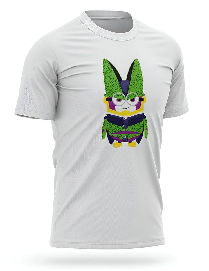 L'image représente un t-shirt blanc avec un personnage de dessin animé imprimé dessus. Le personnage est Cell, un méchant de la série Dragon Ball Z. Il est vert et a une longue queue. Il porte une armure violette et verte.,T--9319384541,T--7582999185,T--0283055677,T--7455986491,T--7042733541,T--0619891351