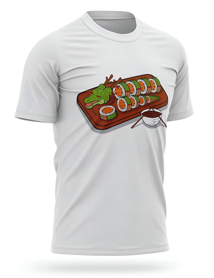 Un t-shirt blanc avec un dessin d'un dragon vert en sushi. Le dragon est allongé sur une planche en bois avec des baguettes et un bol de sauce soja.,T--3482412731,T--5075701361,T--6743149667,T--7151165498,T--3175254543,T--0259307467